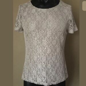 Cremieux silver lace taupe sparkle floral blouse